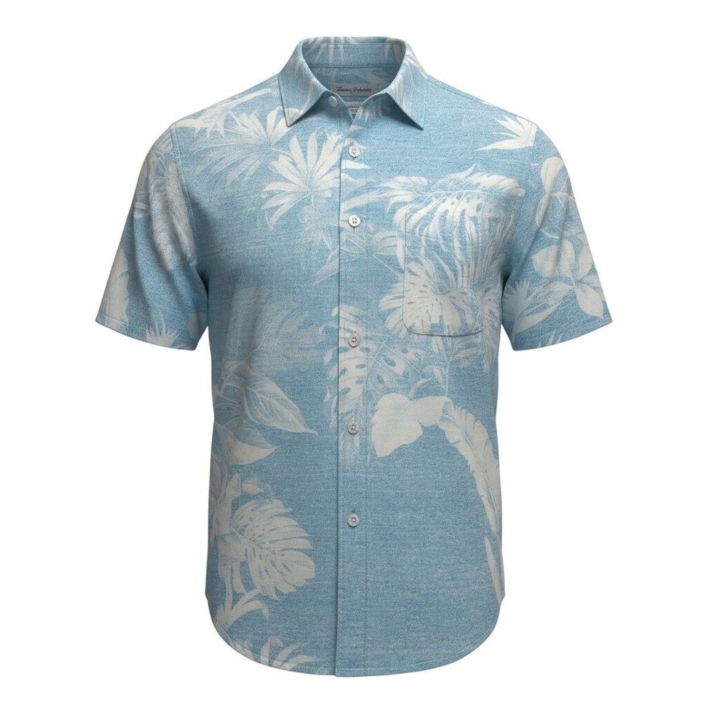 Tommy Bahama Button Down Shirt L‎ Blue Tropical Leaf Rayon Short Sleeve Pocket